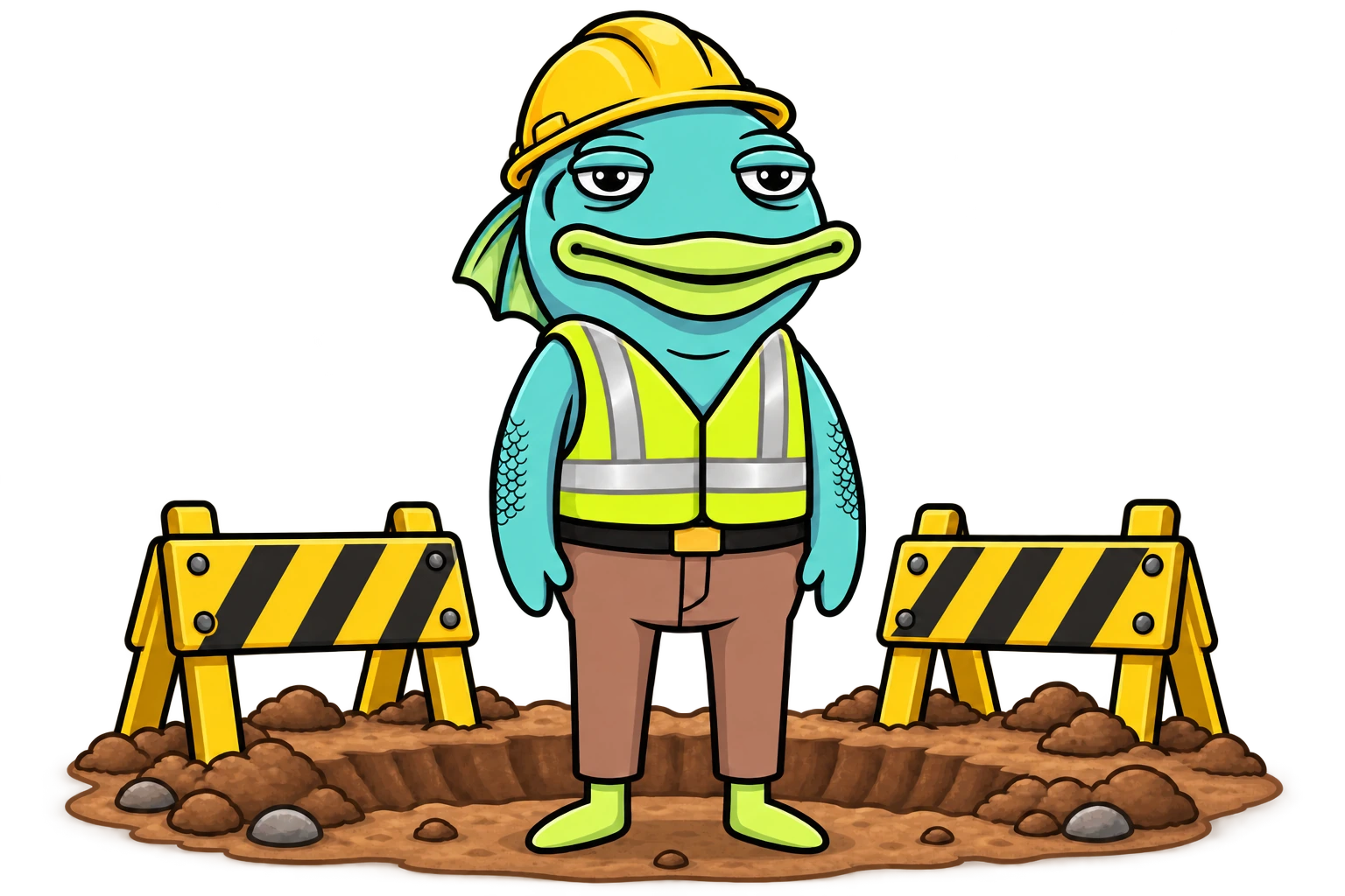 CUDA fish wearing a construction hard hat and safety vest behind yellow barriers.